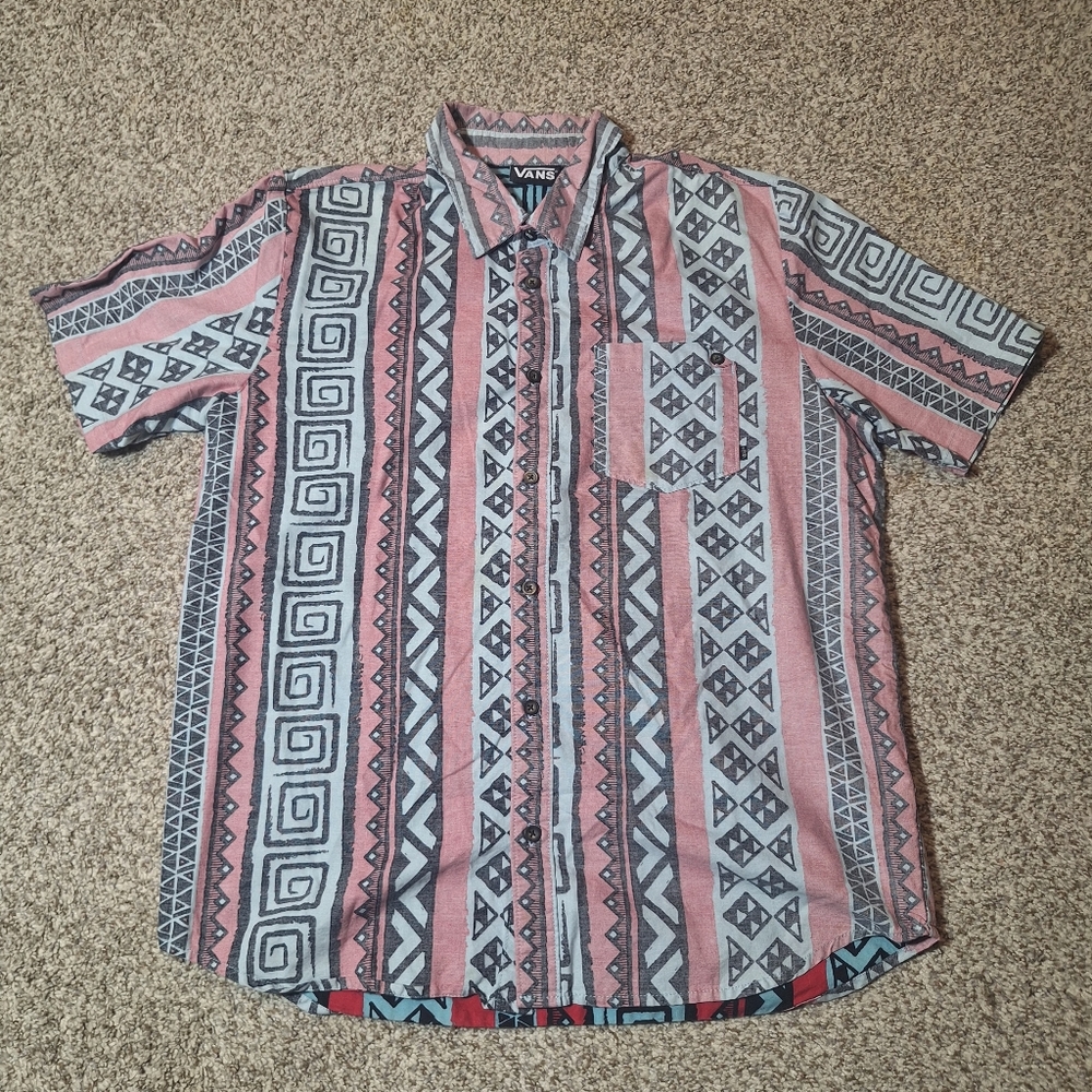 Vans Mens Size M Pink Blue Aztec Reverse Print Short Sleeve Button Up Shirt